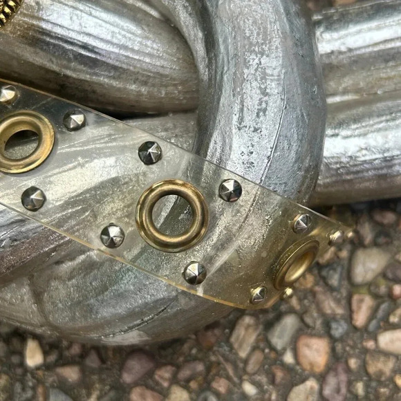 Vintage Plastic Fashion Belt with Large Grommet Holes Studs Gold Belt Buckle - Picture 5 of 6